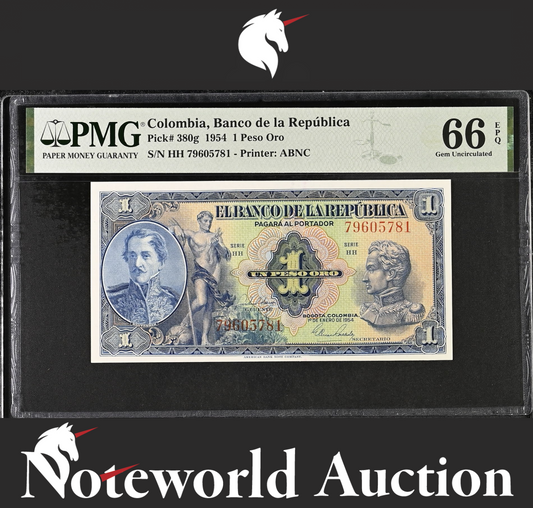 Colombia Banco de la Republica 1 Peso Oro 1954 P 380g UNC PMG 66 EPQ 2nd TOP POP