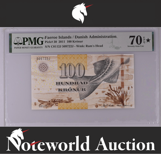 Faeroe Islands / Danish Admin 100 Krónur 2011 P 30 UNC PMG 70 EPQ STAR TOP POP