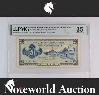 French Indo-China Banque de l'Indochine 20 Piastres ND 1942-45 P 65 VF PMG 35