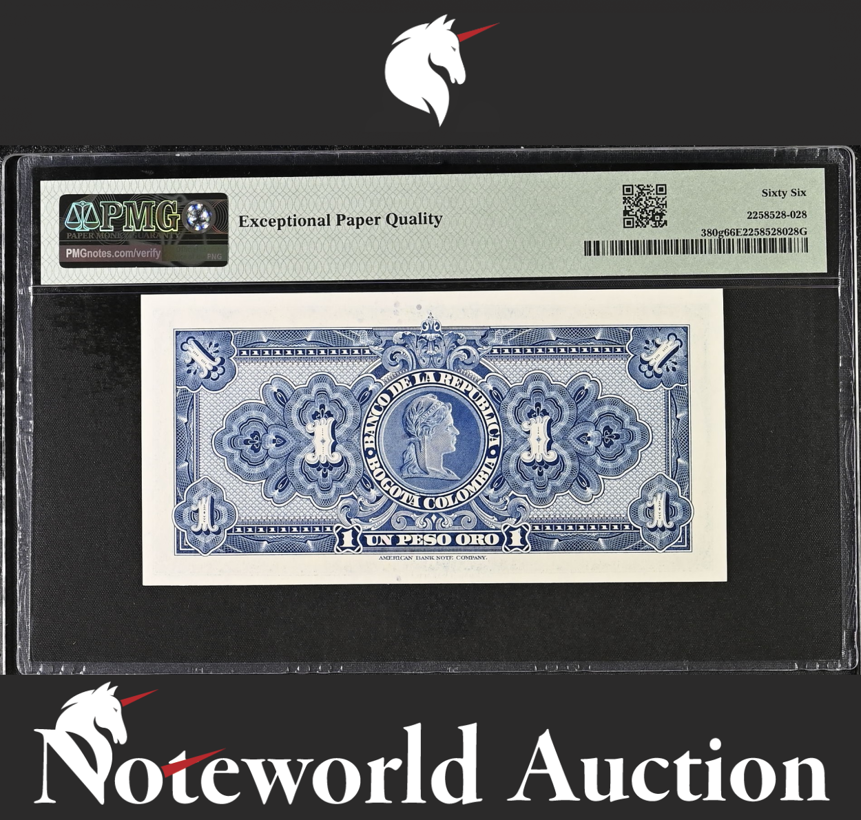 Colombia Banco de la Republica 1 Peso Oro 1954 P 380g UNC PMG 66 EPQ 2nd TOP POP