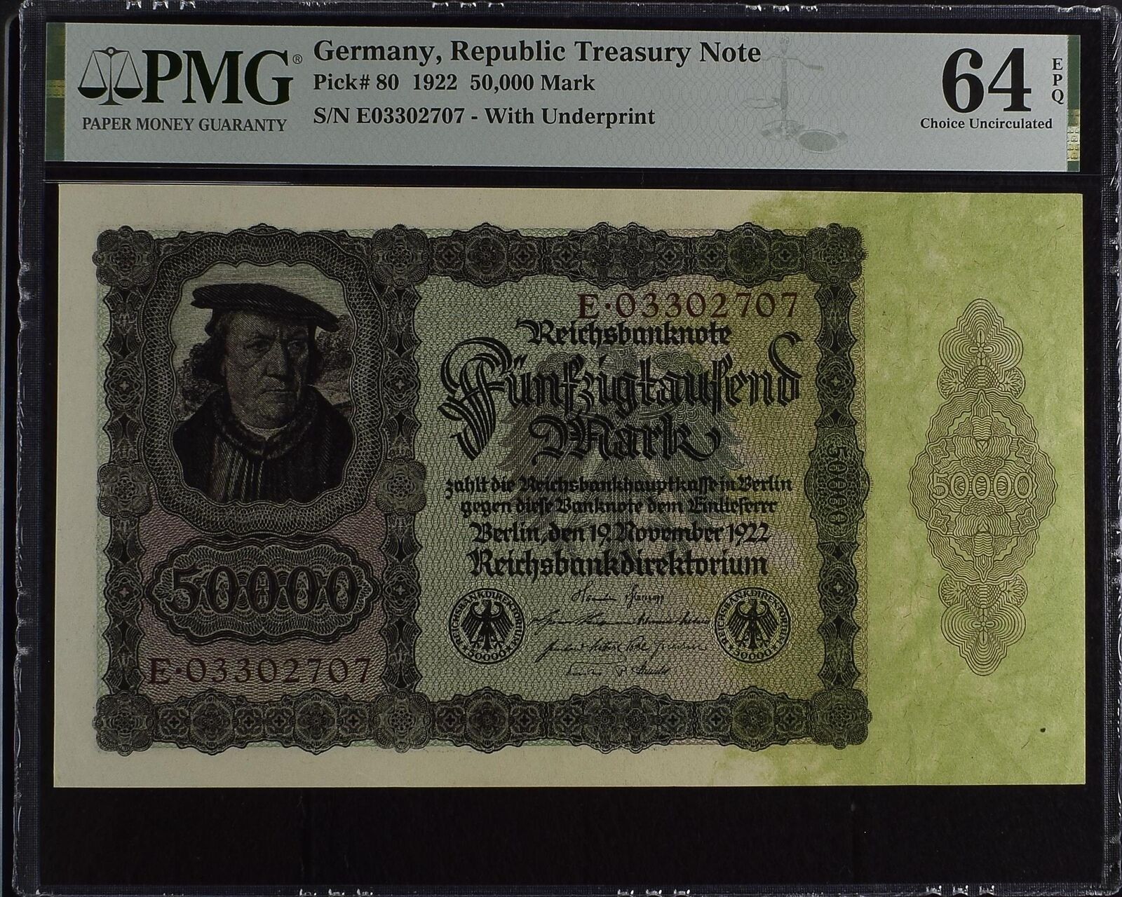 GERMANY REPUBLIC TREASURY 50000 Mark 1922 P 80 UNC PMG 64 EPQ