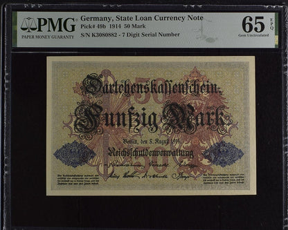 GERMANY STATE LOAN CURRENCY 50 Mark 1914 P 49b UNC PMG 65 EPQ