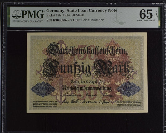 GERMANY STATE LOAN CURRENCY 50 Mark 1914 P 49b UNC PMG 65 EPQ