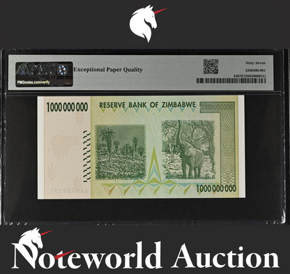 Zimbabwe Reserve Bank 1 Billion Dollars 2008 P 83 Prefix AA UNC PMG 67 EPQ