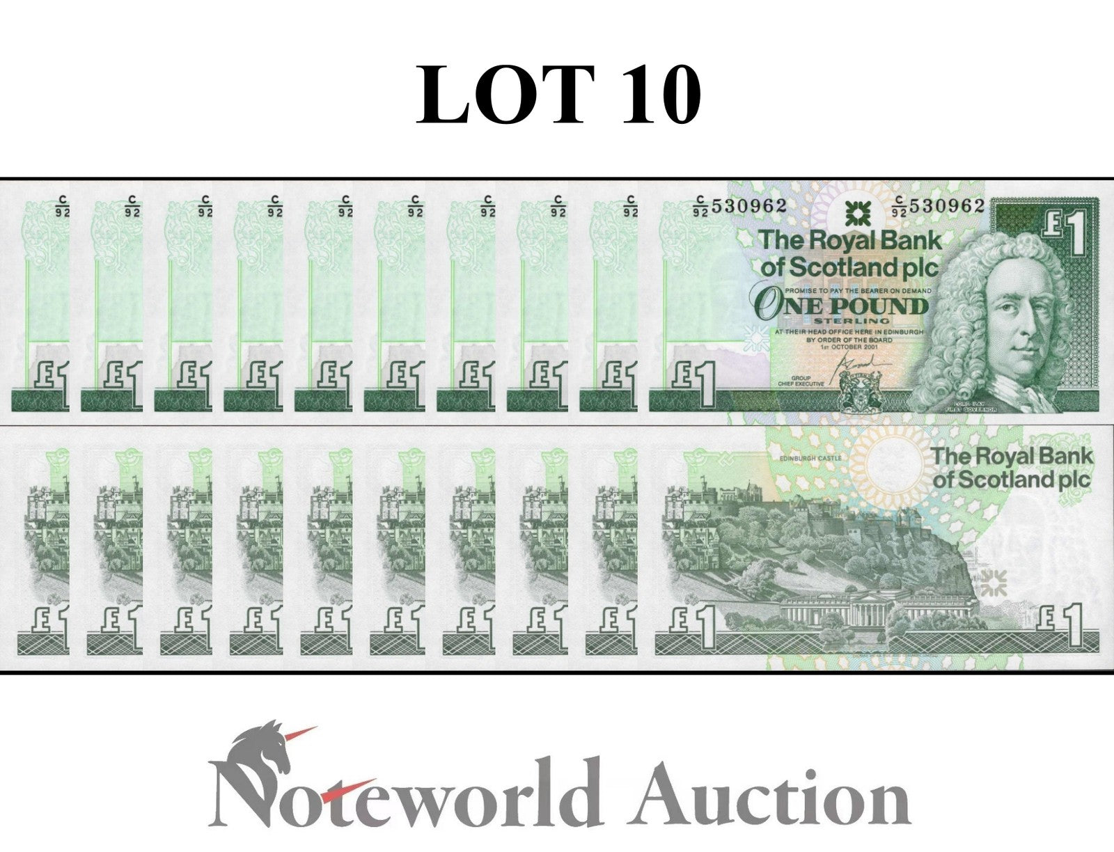 SCOTLAND ROYAL BANK 1 Pound 2001 P 351e Reduced Size Lot 10 p 1/10 Bundle UNC