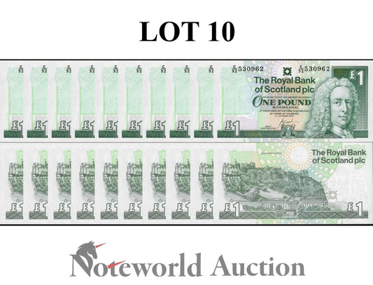 SCOTLAND ROYAL BANK 1 Pound 2001 P 351e Reduced Size Lot 10 p 1/10 Bundle UNC