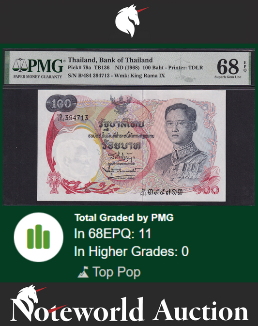 Thailand Bank of Thailand 100 Baht ND (1968) P 79a UNC PMG 68 EPQ TOP POP