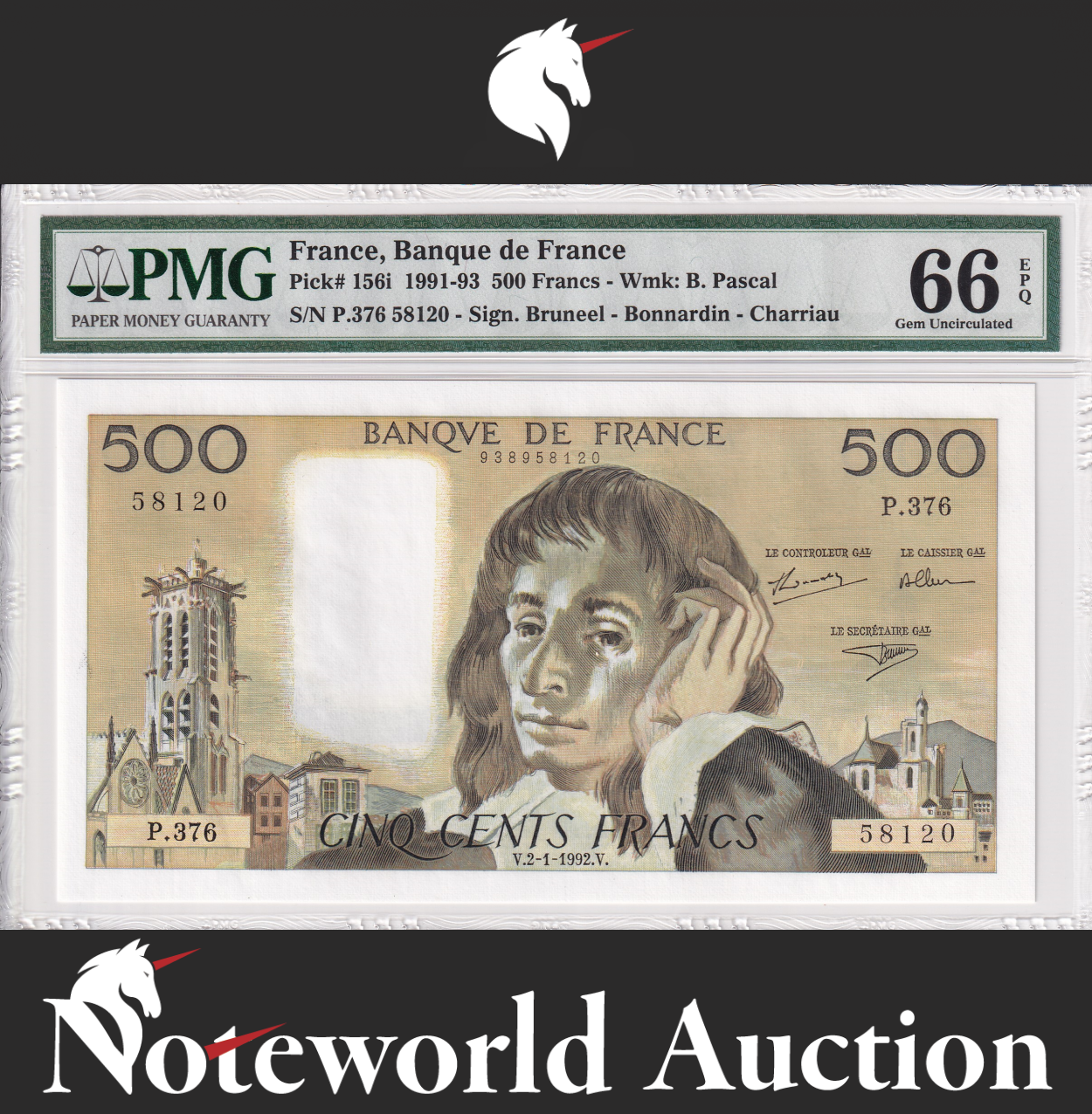 France 500 Francs 1991 - 1993 P 156i Gem UNC PMG 66 EPQ