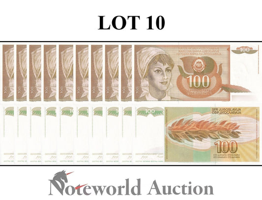 YUGOSLAVIA Lot 10 pcs 1/10 Bundle - 100 Dinara 1990 P 105 UNC