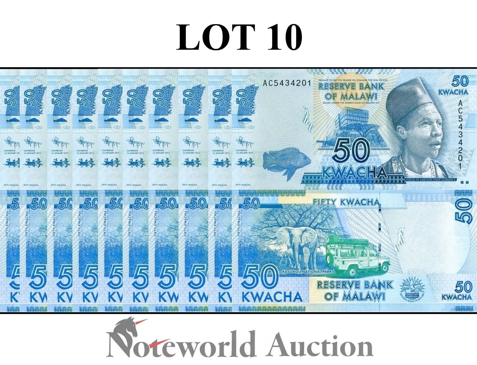 MALAWI Lot 10 pcs 1/10 Bundle - 50 Kwacha 2012 P 58a UNC