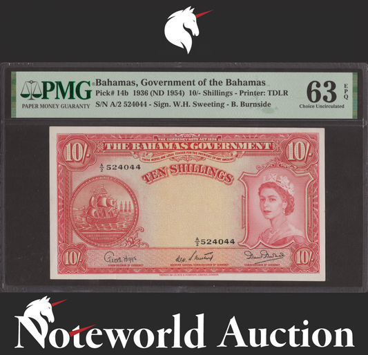 Bahamas Government of the Bahamas 10/- 1936 (ND 1954) P 14b UNC PMG 63 EPQ RARE