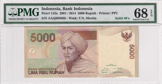 INDONESIA 5000 Rupiah 2001/2014 P 142n Fancy SOLID 8 - 888888 UNC PMG 68 EPQ