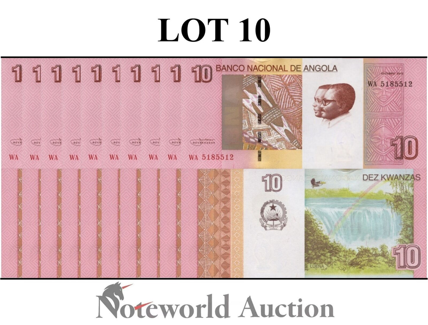 ANGOLA Lot 10 pcs 1/10 Bundle - 10 Kwanzas 2012 P 151B UNC