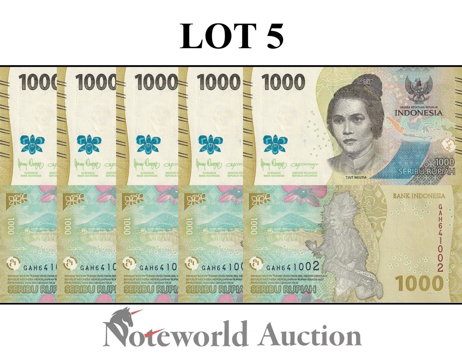 INDONESIA Lot 5 pcs 1/20 Bundle - 1000 Rupiah 2022 P 162 New Design UNC