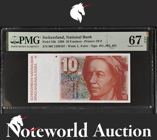 Switzerland National Bank 10 Franken 1990 P 53h UNC PMG 67 EPQ 2nd TOP POP