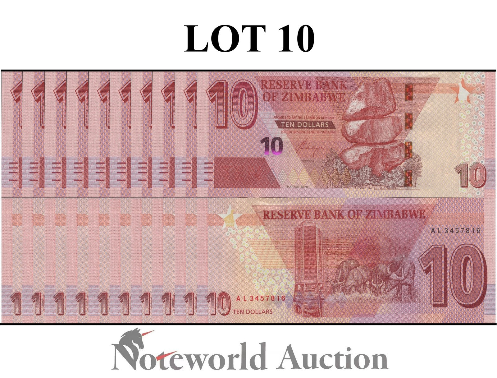 ZIMBABWE 10 Dollars 2020 P 103 Lot 10 pcs 1/10 Bundle UNC