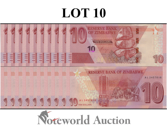 ZIMBABWE 10 Dollars 2020 P 103 Lot 10 pcs 1/10 Bundle UNC