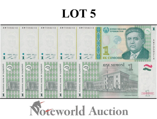 TAJIKISTAN 1 Somoni 1999 P 14A Lot 5 pcs 1/20 Bundle UNC
