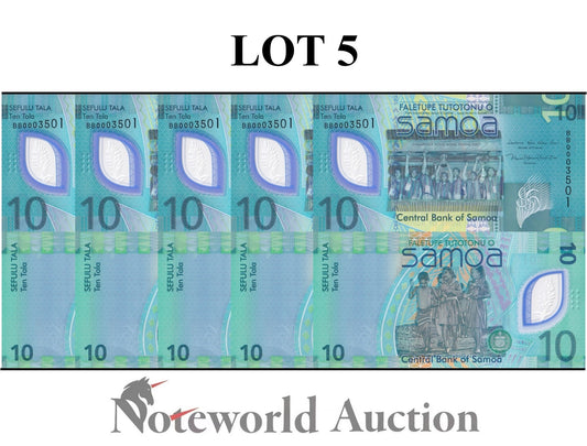 SAMOA 10 Tala ND 2023 P 48 Polymer LOW S/N 000XXXX Lot 5 pcs 1/20 Bundle UNC