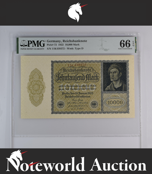 Germany Republic Treasury Note 10000 Mark 1922 P 72 UNC S/N 6 Digit PMG 66 EPQ