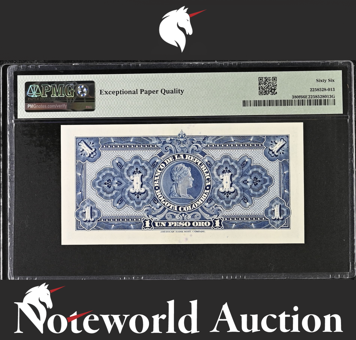 Colombia Banco de la República 1 Peso Oro 1950 P 380f UNC PMG 66 EPQ 2nd TOP POP