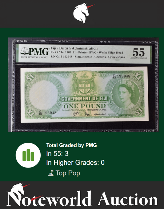 Fiji British Administration 1 Pound 1962 P 53e QEII AU PMG 55 TOP POP