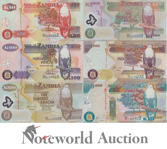 ZAMBIA 50 100 500 1000 5000 10000 Kwacha 2010-2011 P 37i-46g Set 6 pcs UNC