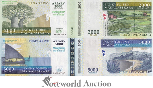 MADAGASCAR COMM. Set 2 pcs - 2000 5000 Ariary 2007 ND 2008 P 93 94 UNC