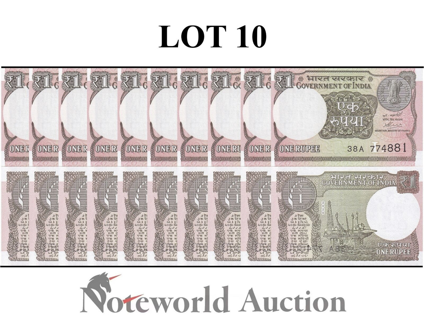 INDIA Lot 10 pcs 1/10 Bundle - 1 Rupee 2020 P 117A UNC