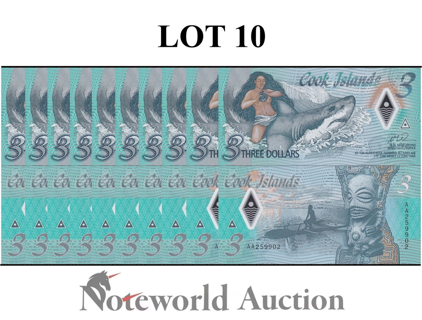 COOK ISLANDS Lot 10 pcs 1/10 Bundle - 10 Dollars ND 2021 P 11 Polymer UNC