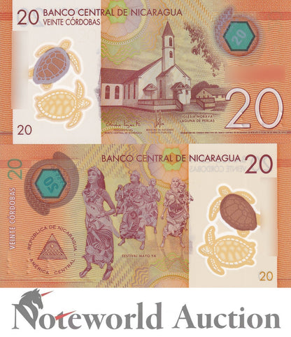 NICARAGUA 20 Cordobas 2019 P 210a Polymer  Lot 5 pcs 1/20 Bundle UNC