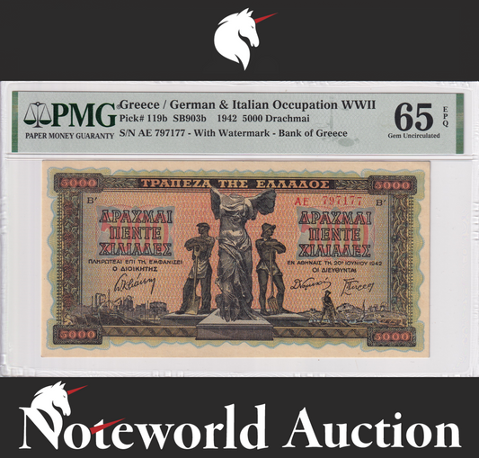 Greece  5000 Drachmai 1942 P 119b WWII UNC PMG 65 EPQ