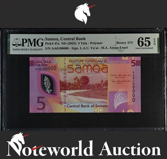 Samoa 5 Tala ND (2023) P 47a Polymer Prefix AA Binary No. 0100000 UNC PMG 65 EPQ