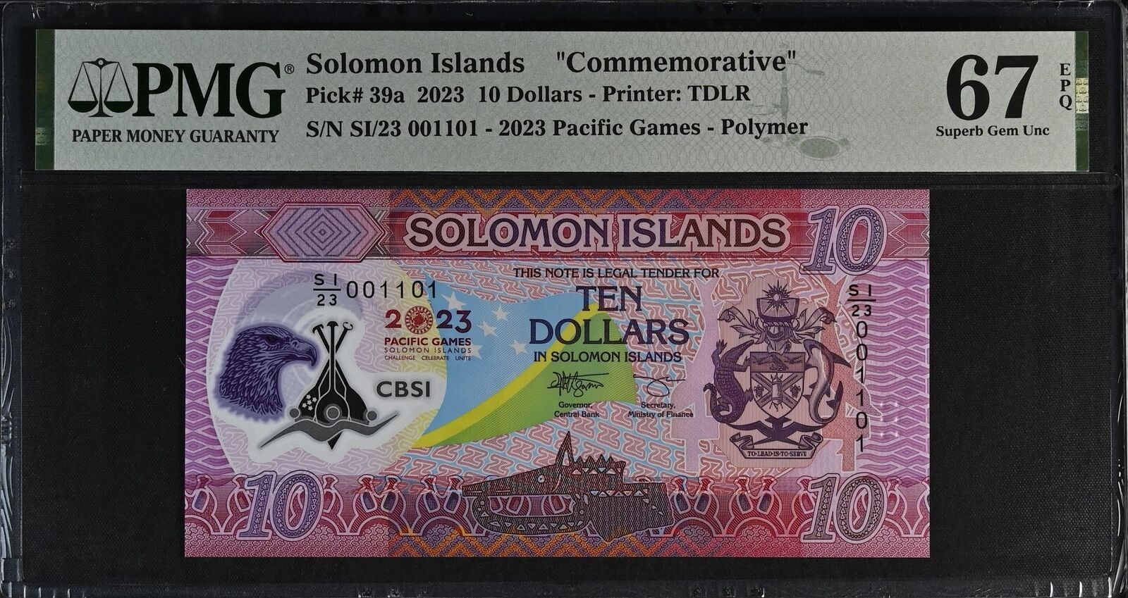 SOLOMON ISLANDS COMM. 10 2023 P 39a Fancy Binary NO.001101 Polymer PMG 67 EPQ