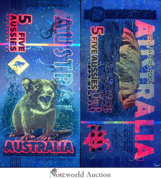 Australia TEST NOTE Souvenir Note 5 Aussie Tasmanian Devil UNC