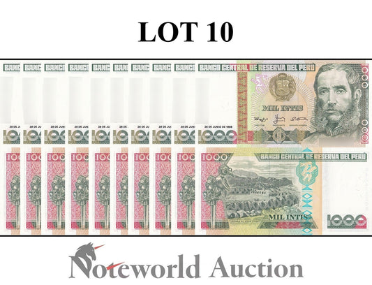 PERU 1000 lntis 1988 P 136b Lot 10 pcs 1/10 Bundle UNC