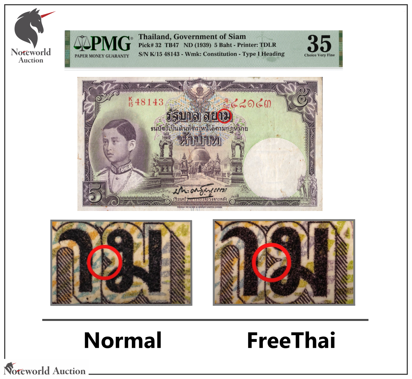 THAILAND 5 Baht 1939 P 32 VF PMG 35 (Free Thai Version) Rare