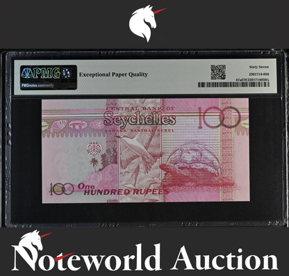 Seychelles Central Bank COMM. 100 Rupees 2013 P 47a UNC PMG 67 EPQ TOP POP