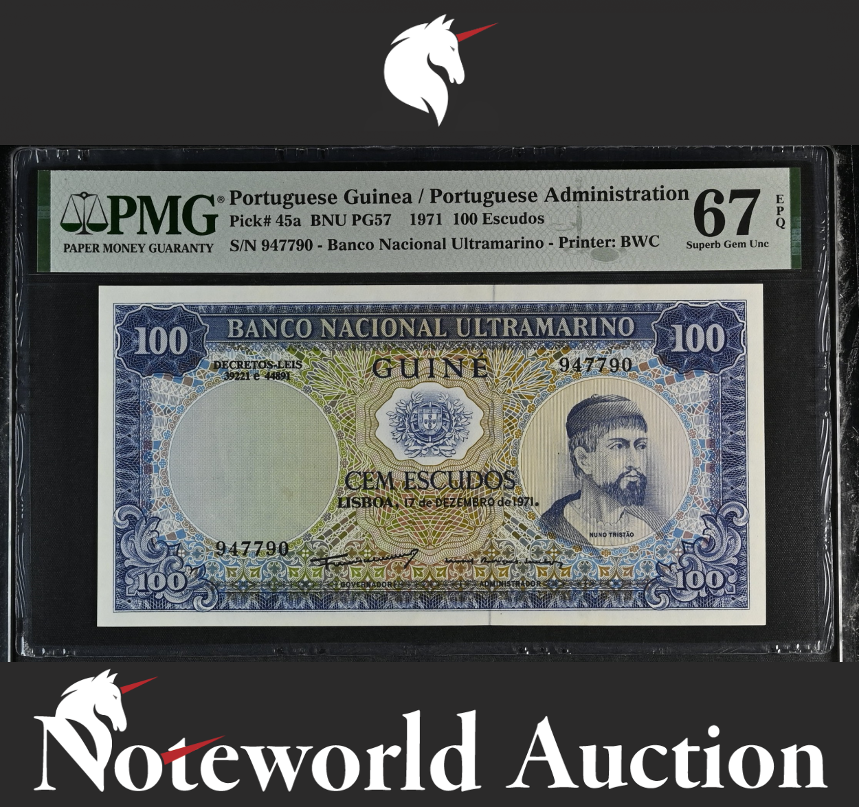 Portuguese Guinea Administrati 100 Escudos 1971 P 45a UNC PMG 67 EPQ 2nd TOP POP