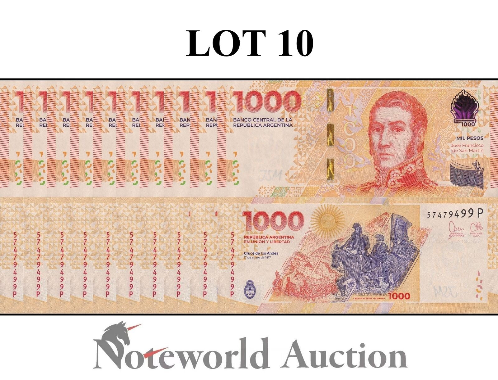 ARGENTINA 1000 Pesos ND 2023 P 367 Lot 10 1/10 Bundle UNC