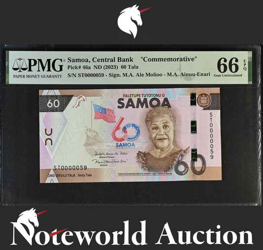 Samoa Commemorative 60 Tala ND (2023) P 46a LOW SERIAL NO. 59 UNC PMG 66 EPQ