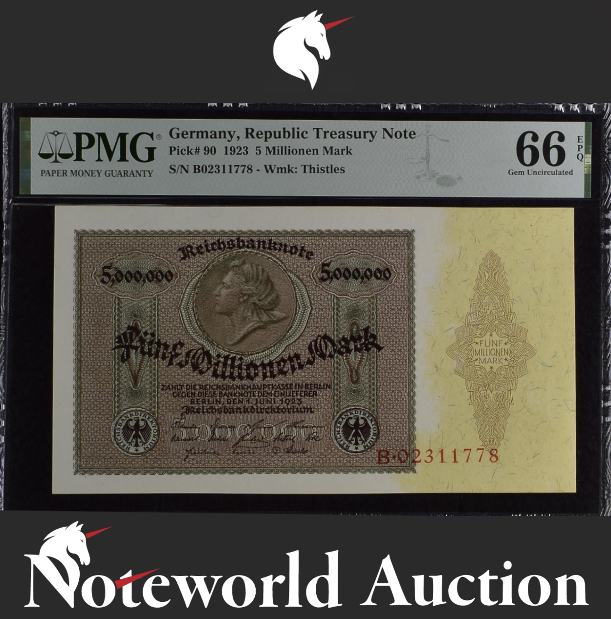 Germany Republic Treasury Note 5 Millionen 1923 P 90 UNC PMG 66 EPQ