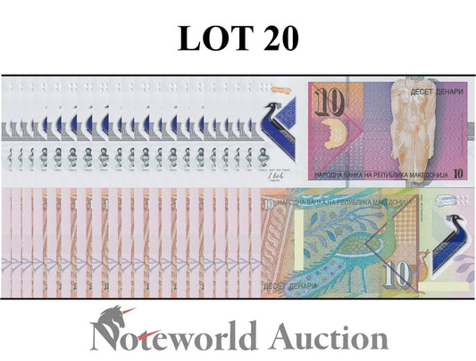 NORTH MACEDONIA Lot 20 pcs 1/5 Bundle - 10 Denari 2018 P 25 Polymer UNC