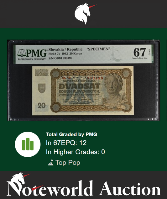 Slovakia Republic 20 Korun 1942 P 7s SPECIMEN UNC PMG 67 EPQ TOP POP