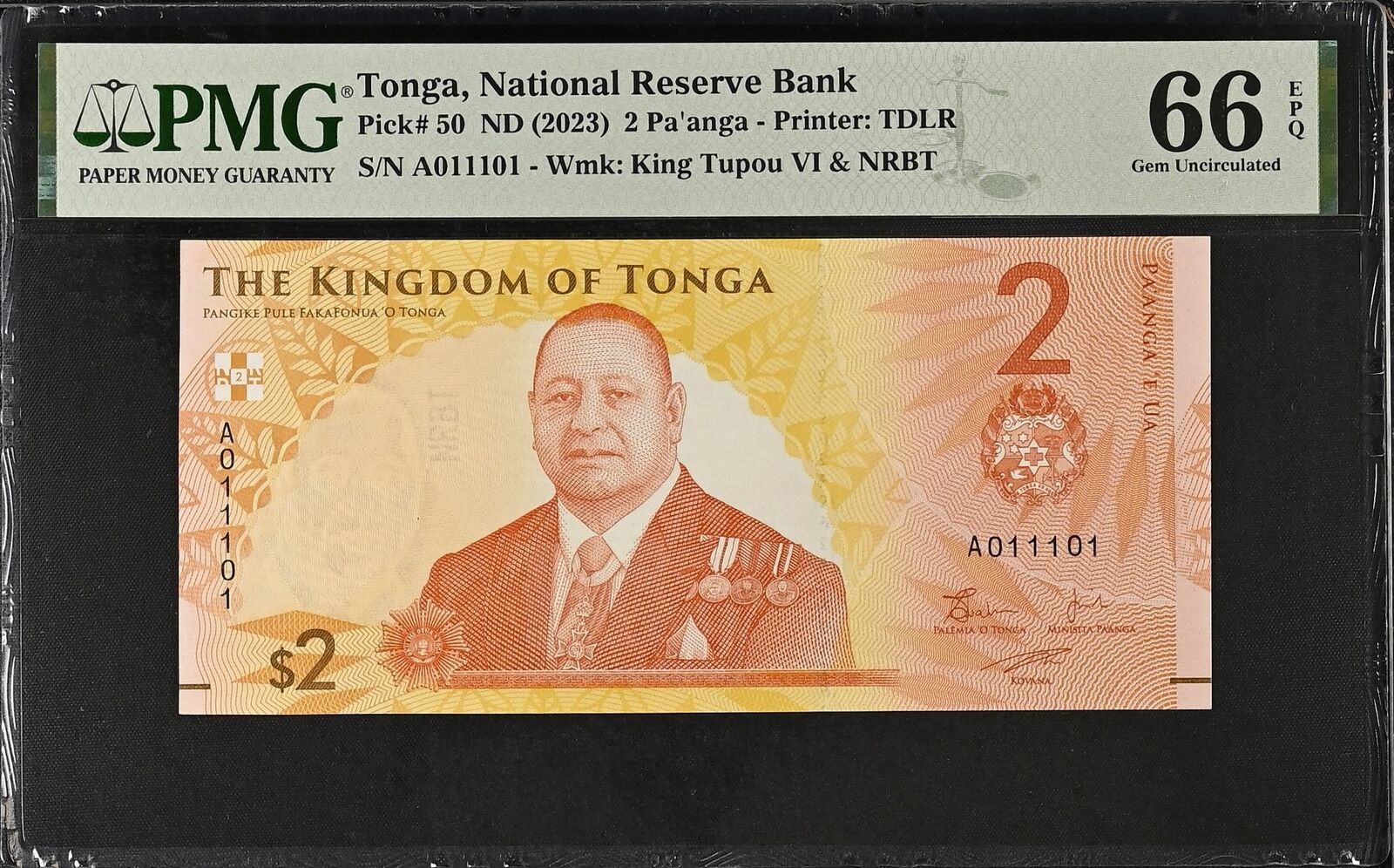 TONGA 2 Pa'anga 2023 P 50 Fancy Lucky Binary NO.A011101 UNC PMG 66 EPQ