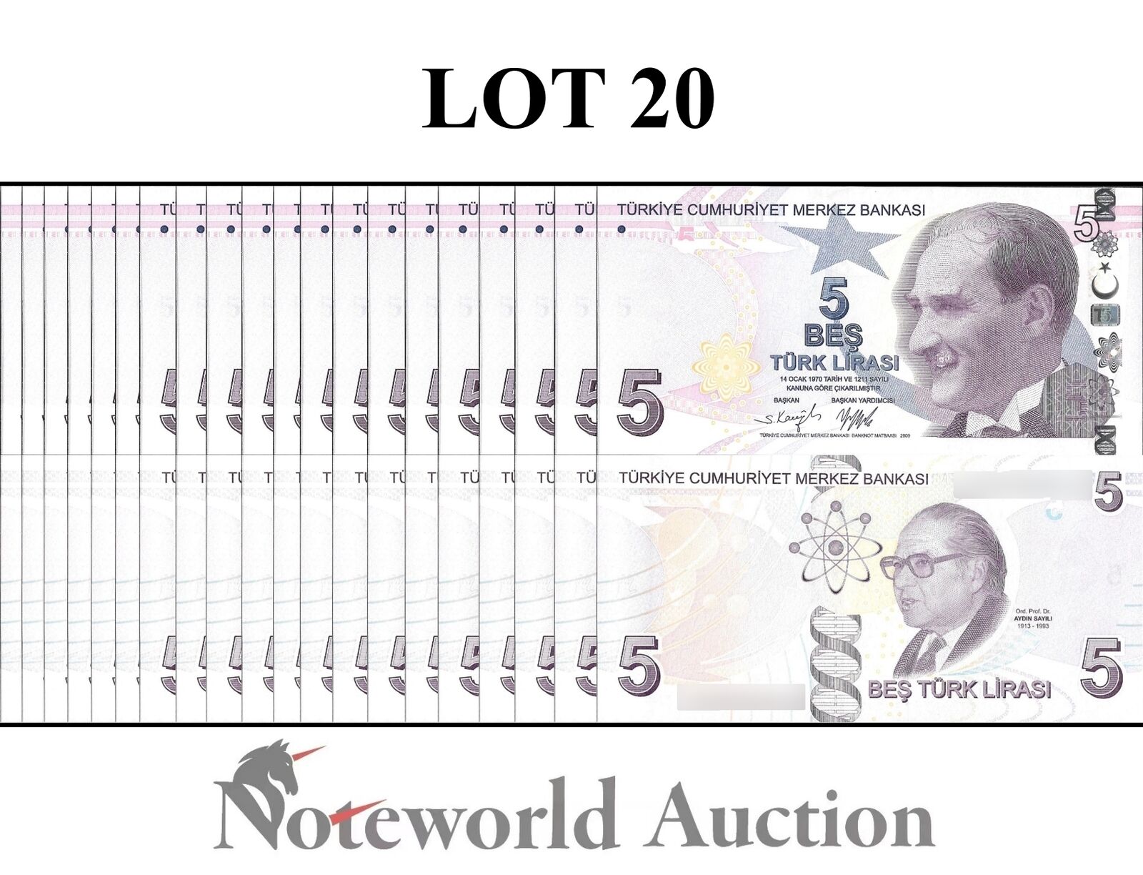 TURKEY Lot 20 pcs 1/5 Bundle - 5 Turk Lirasi 2009/2022 P 222 UNC