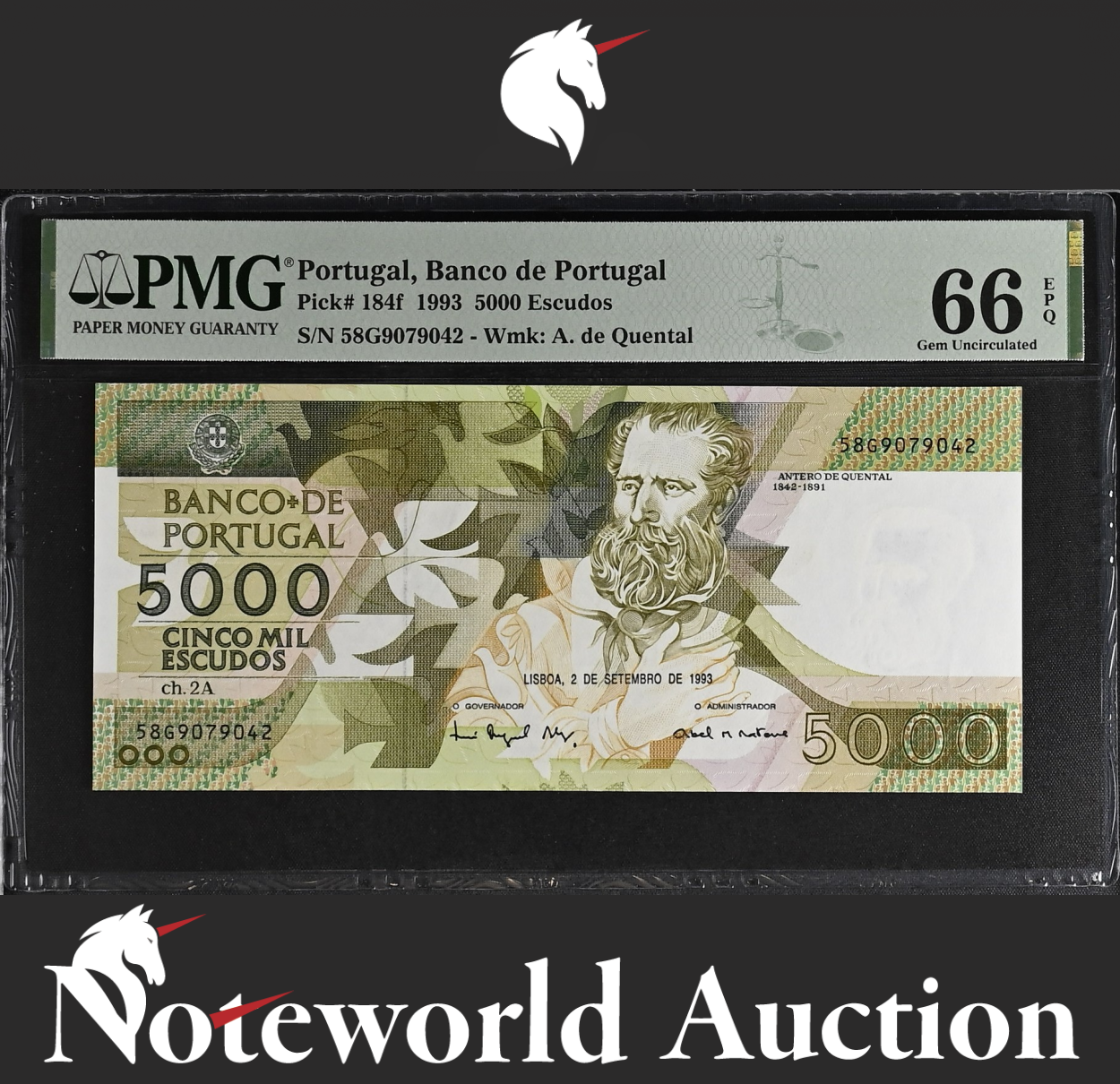 Portugal Banco de Portugal 5000 Escudos 1993 P 184f UNC PMG 66 EPQ 3rd TOP POP