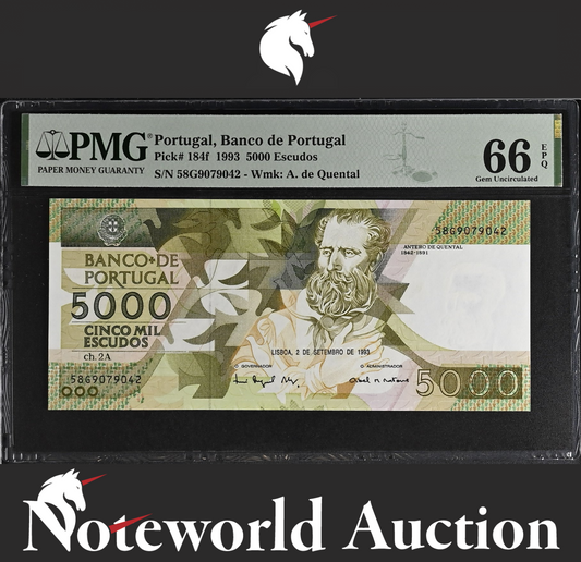 Portugal Banco de Portugal 5000 Escudos 1993 P 184f UNC PMG 66 EPQ 3rd TOP POP