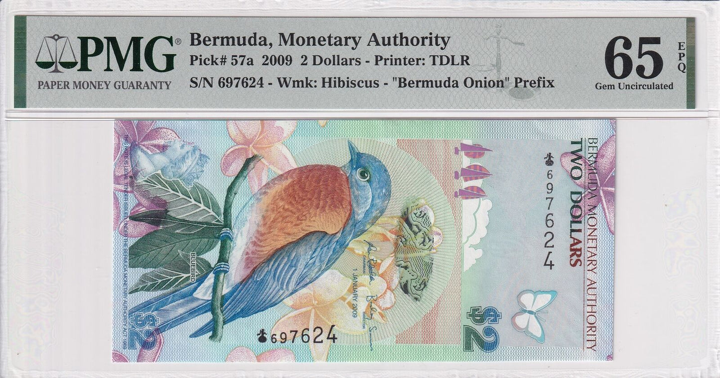 BERMUDA 2 Dollars 2009 P 57a Frist Prefix Bermuda Onion UNC PMG 65 EPQ