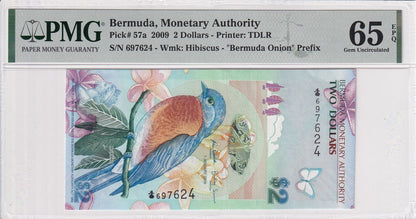 BERMUDA 2 Dollars 2009 P 57a Frist Prefix Bermuda Onion UNC PMG 65 EPQ